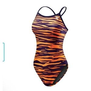 TYR Women Orange Navy Tiger Stripe Performance One Piece Swimsuit 30 US Small